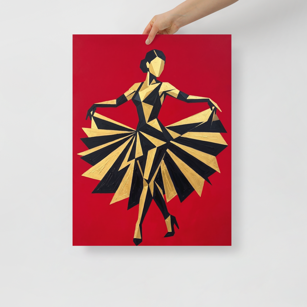 'The Golden Dancer' — a Art Deco,Cubism print. A striking geometric Art Deco painting of a dancer in a black and gold dress twirling against a bright red background, an energetic piece for a Home Theater or Living Room.