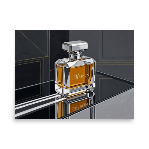 'Deco Elixir' — a Art Deco print. A sleek Art Deco painting of a faceted glass perfume bottle filled with amber liquid, reflecting on a dark mirror surface, ideal for a chic Bedroom.