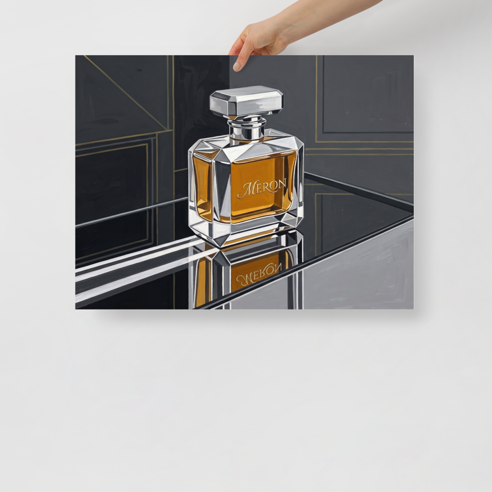 'Deco Elixir' — a Art Deco print. A sleek Art Deco painting of a faceted glass perfume bottle filled with amber liquid, reflecting on a dark mirror surface, ideal for a chic Bedroom.