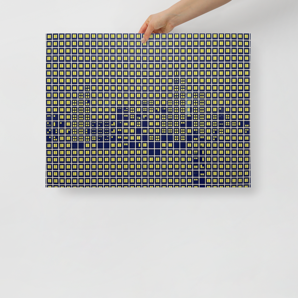 'Illuminated Grid' — a Pop art print. An abstract Pop Art grid of glowing yellow windows on a dark blue background, ideal for a modern Office.