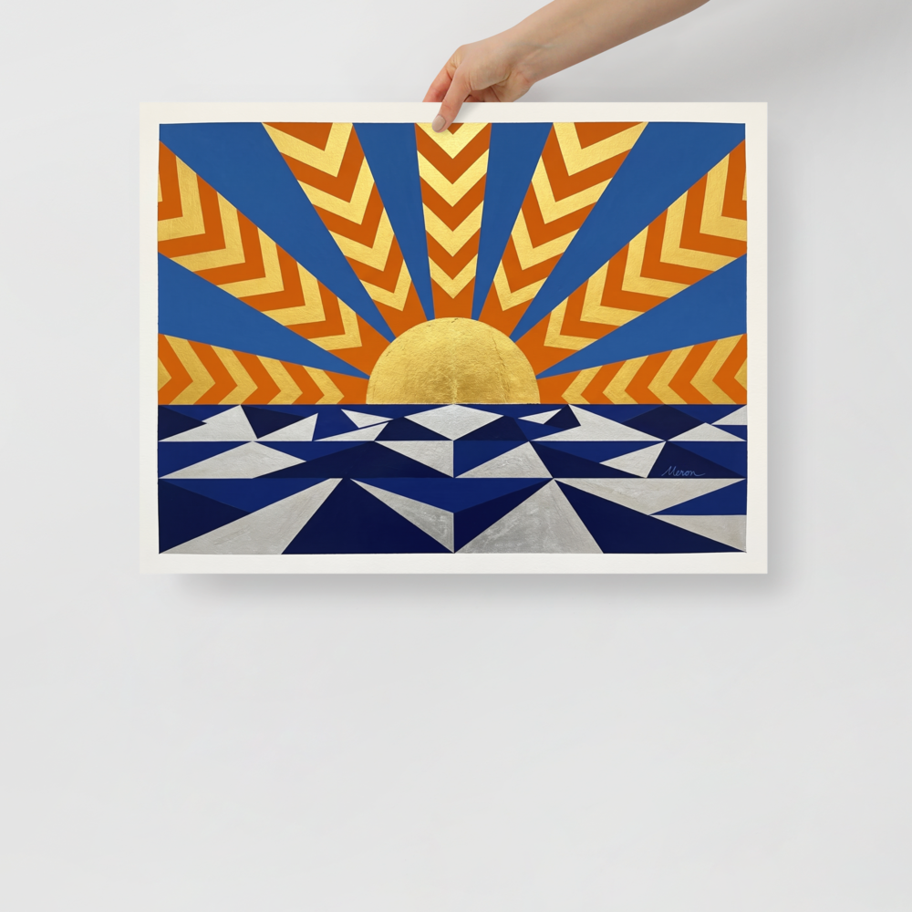 'Deco Sunrise' — a Art Deco print. A bright Art Deco painting of a golden sunrise over a geometric blue and silver sea, radiating with orange and blue sunbeams, perfect for a lively Living Room.