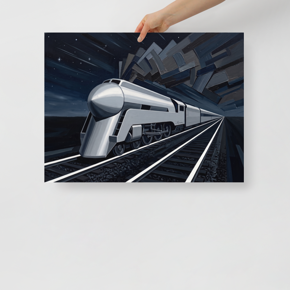 'Midnight Express' — a Art Deco print. A sleek silver Art Deco train speeding through a stylized night landscape with geometric smoke, an industrial retro-futuristic painting perfect for an Office or Man Cave.