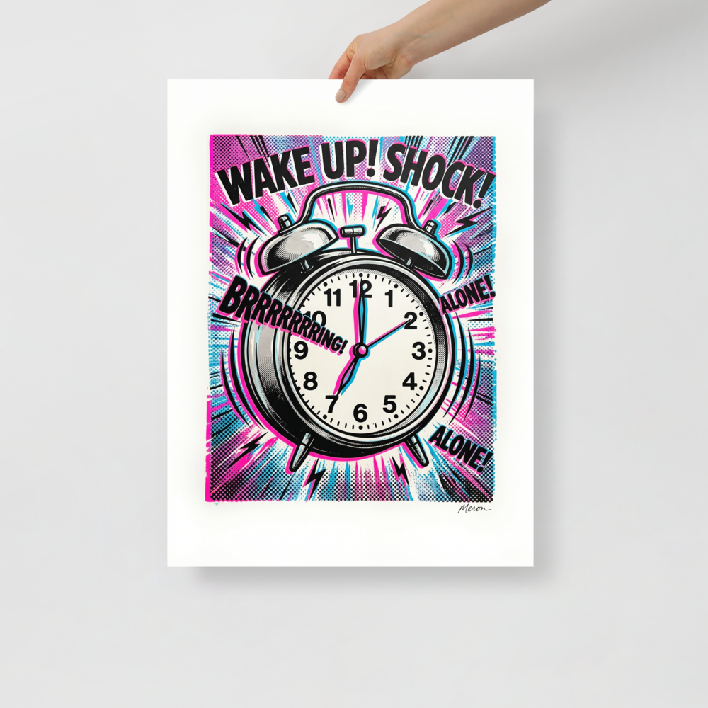 'Morning Shock' — a Pop art print. A loud and vibrant Pop Art alarm clock with comic book typography in pink and cyan, perfect for a Bedroom or Office.