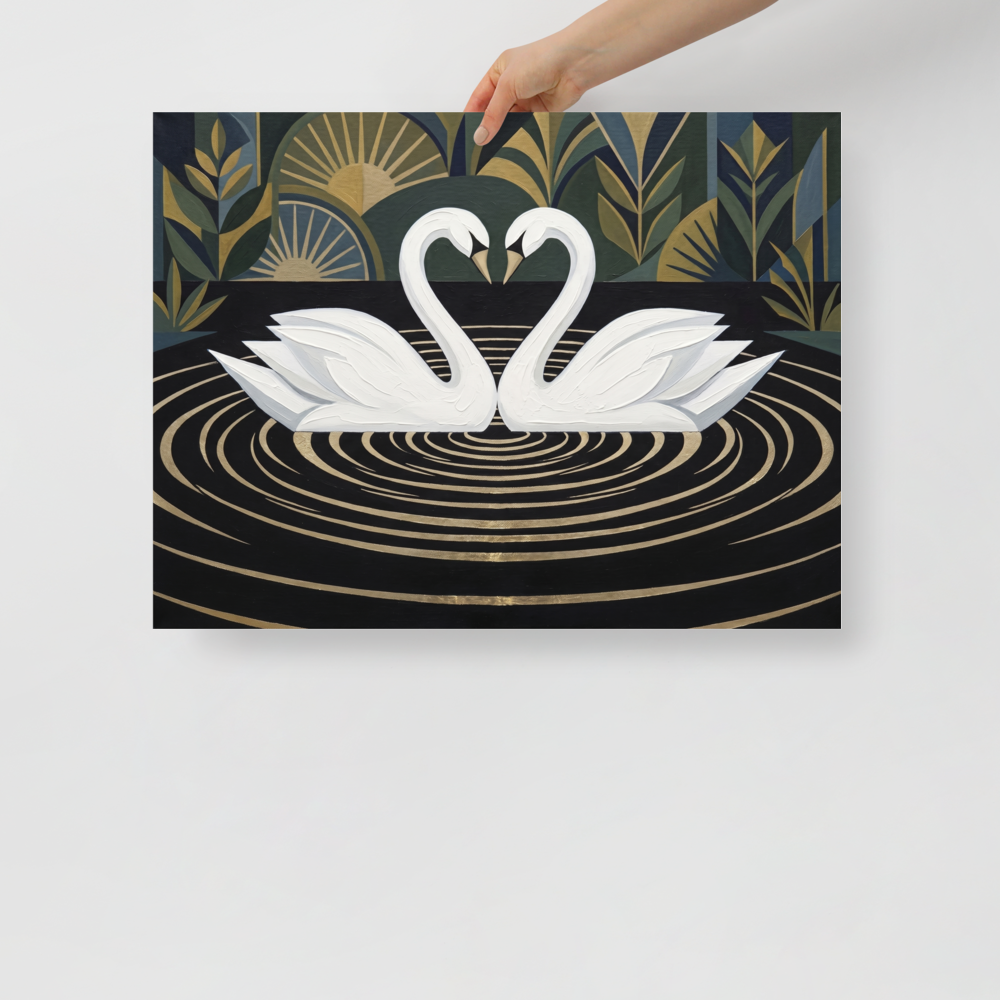 'Deco Swans' — a Art Deco print. An Art Deco painting of two white swans forming a heart shape on a black lake with golden ripples, against a geometric garden background, perfect for a romantic Bedroom.