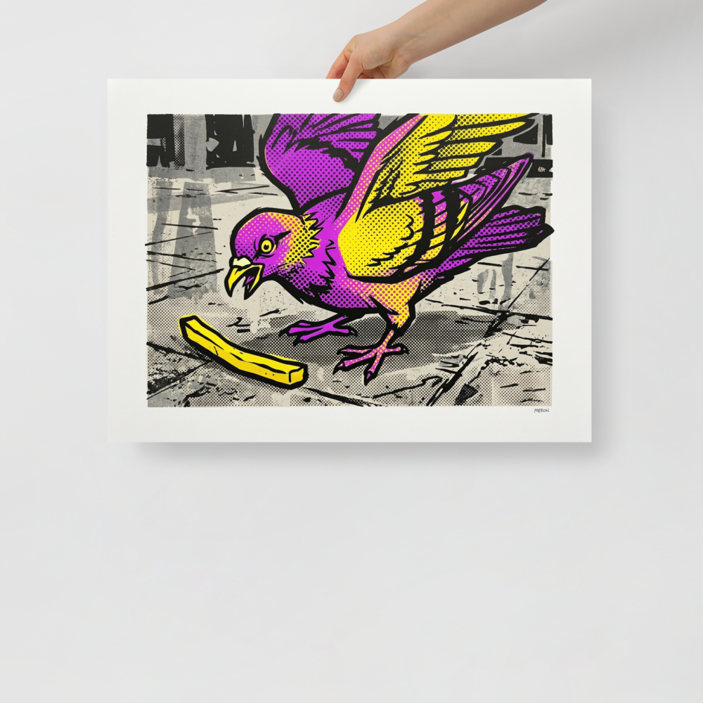 'The Urban Forager' — a Pop art print. A humorous purple and yellow Pop Art pigeon eating a french fry, a fun addition to a Kitchen or Dining Room.