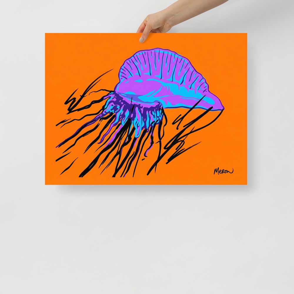 'Neon Man o' War' — a Pop art print. A vibrant pop art illustration of a purple and blue jellyfish with black tentacles against an orange background, perfect for a lively living room.
