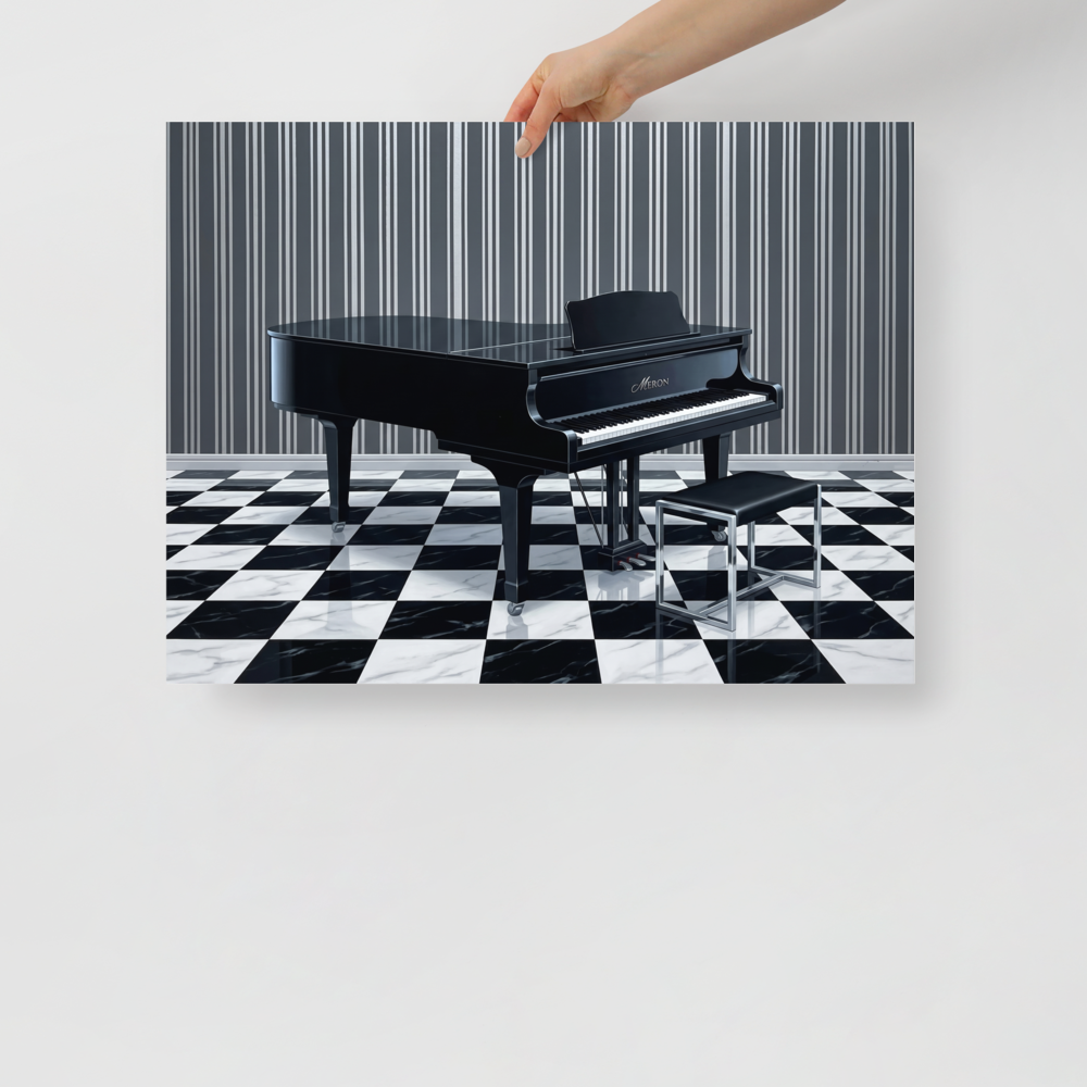 'The Deco Piano' — a Art Deco print. A sleek black Art Deco grand piano resting on a black and white checkered floor against a vertically striped wall, a stylish piece for a Music Room or Lounge.
