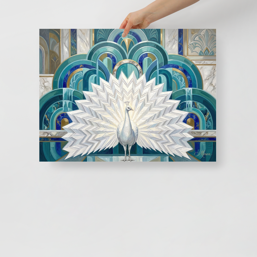 'The Gilded Peacock' — a Art Deco print. A majestic white peacock displayed against a geometric Art Deco background of teal and gold, perfect for a dining room setting.