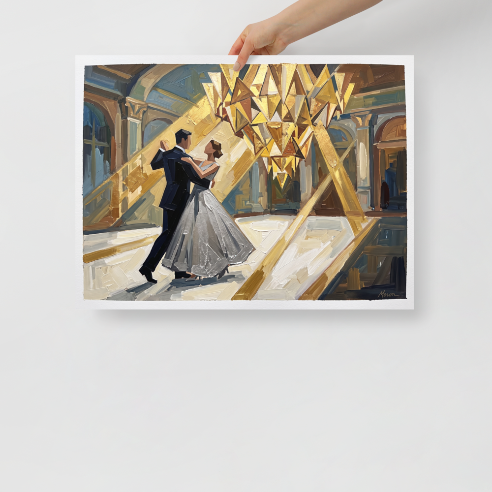 'The Midnight Waltz' — a Art Deco print. A couple in formal attire dancing under a grand geometric golden chandelier in a stunning Art Deco ballroom, ideal for a bedroom or living room.