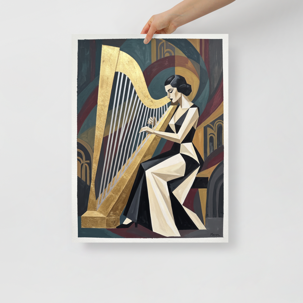 'The Golden Harpist' — a Art Deco print. A stylized Cubist Art Deco painting of an elegant woman playing a large golden harp, ideal for a living room.