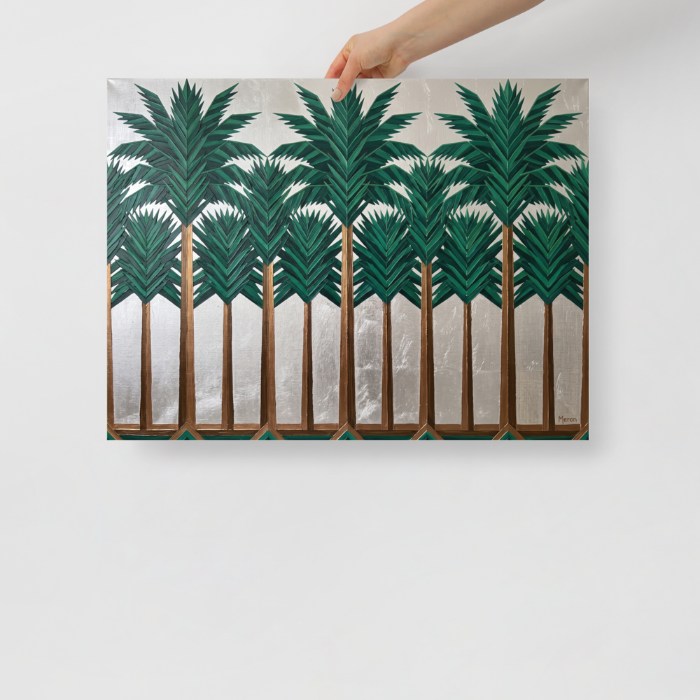 'The Emerald Grove' — a Art Deco print. An Art Deco painting of geometric palm trees with gold trunks and dark green leaves against a shimmering silver background, great for a sunroom or hallway.