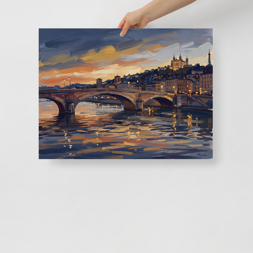 'Dusk Over Lyon' — a Impressionism print. An oil painting of a French city scene at sunset with a stone arched bridge over a glowing river, creating a peaceful atmosphere perfect for a living room or bedroom.