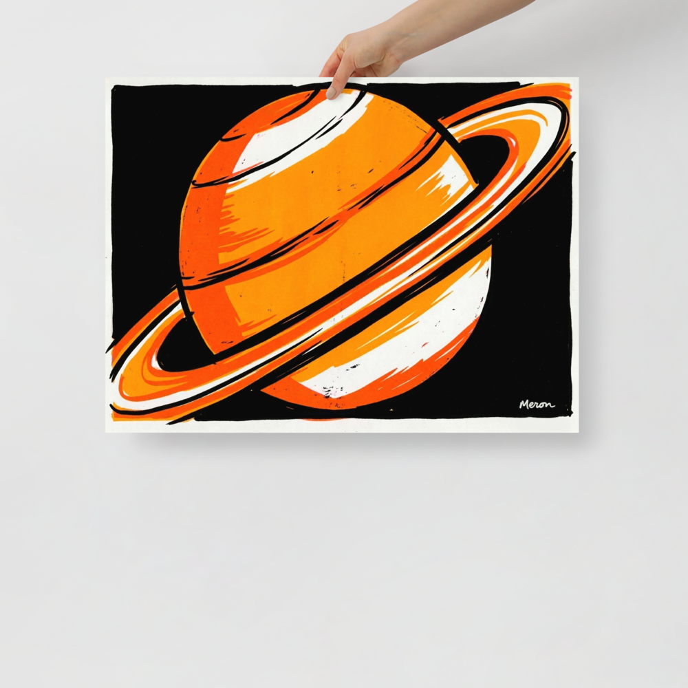 'Orange Orbit' — a Pop art print. A bold pop art illustration of an orange and white ringed planet against a black background, perfect for a modern office.