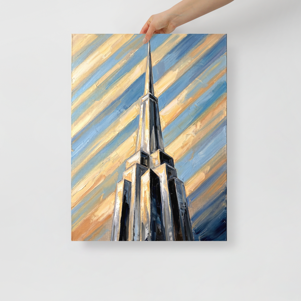 'The Metropolis Spire' — a Art Deco print. An oil painting of a towering Art Deco skyscraper piercing a dynamic, diagonal striped sky of blue and gold, great for an office or study.
