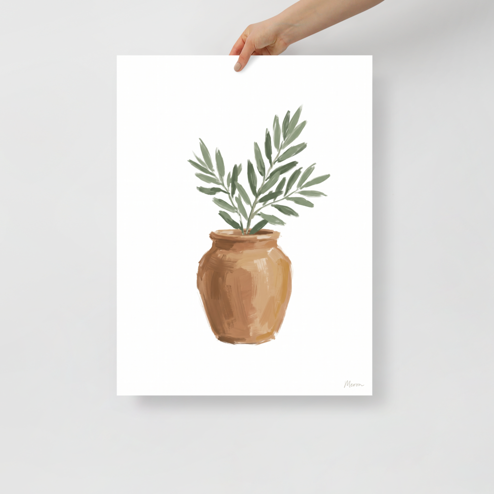 'Olive in Terracotta' — a Minimalism,Modernism print. A minimalist botanical painting of green olive branches in a warm terracotta pot against a white background, perfect for a sunny kitchen or entryway.