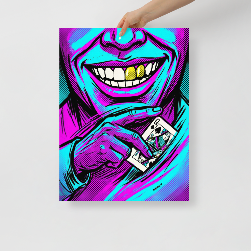 'Queen of Spades' — a Pop art print. A vibrant pop art illustration of a grinning person with gold teeth holding a Queen of Spades playing card, styled with cyan and magenta halftone dots, ideal for a game room.