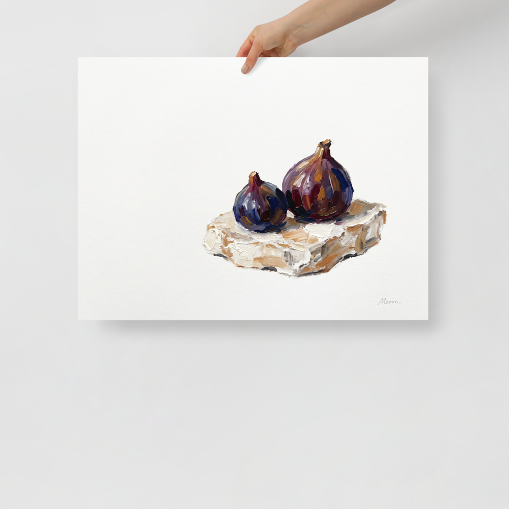 'Ripe Figs on Cream' — a Realism,Modernism print. An impasto oil painting of two rich purple figs resting on a creamy slice against a white background, adding a touch of elegance to a dining room or kitchen.