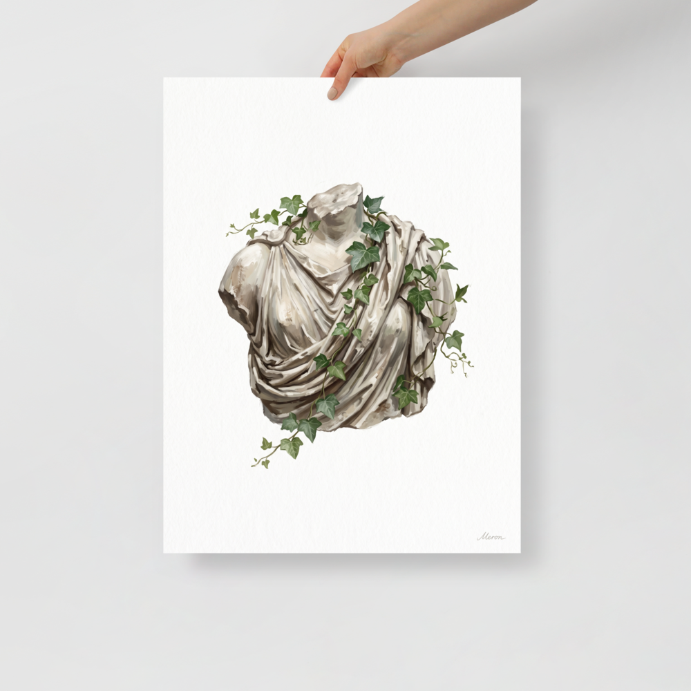 'Ivy Entwined Torso' — a Neoclassicism,Realism print. An oil painting of a classical Greek or Roman marble bust draped in robes and entwined with green ivy against a white background, ideal for a living room or office.