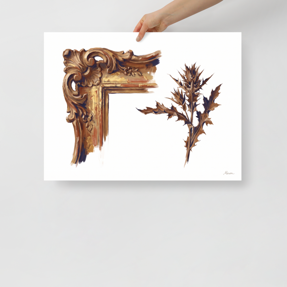 'Gilded Frame and Thistle' — a Baroque,Realism print. An oil painting of an ornate golden picture frame corner beside a rustic brown thistle leaf against a white background, perfect for a vintage-inspired living room.