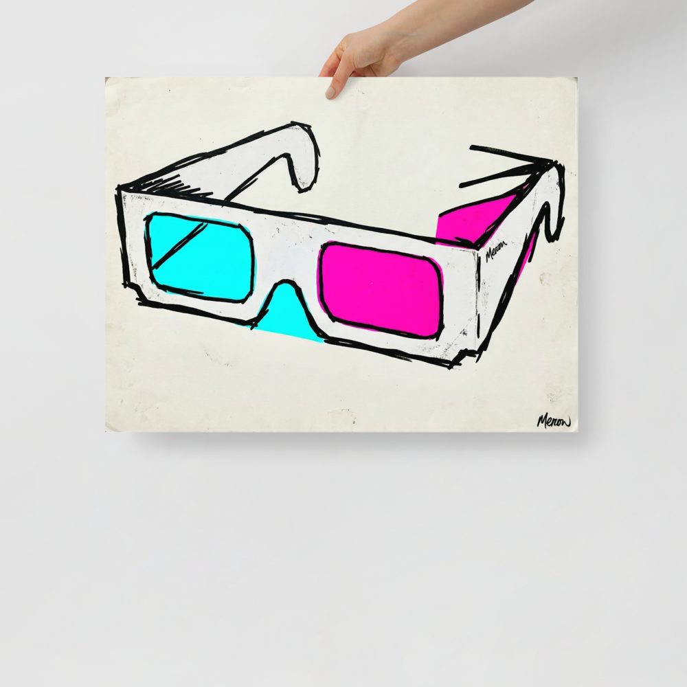 'Retro Vision' — a Pop art print. A sketchy pop art drawing of vintage 3D glasses with one cyan and one magenta lens against a white background, perfect for a home theater.
