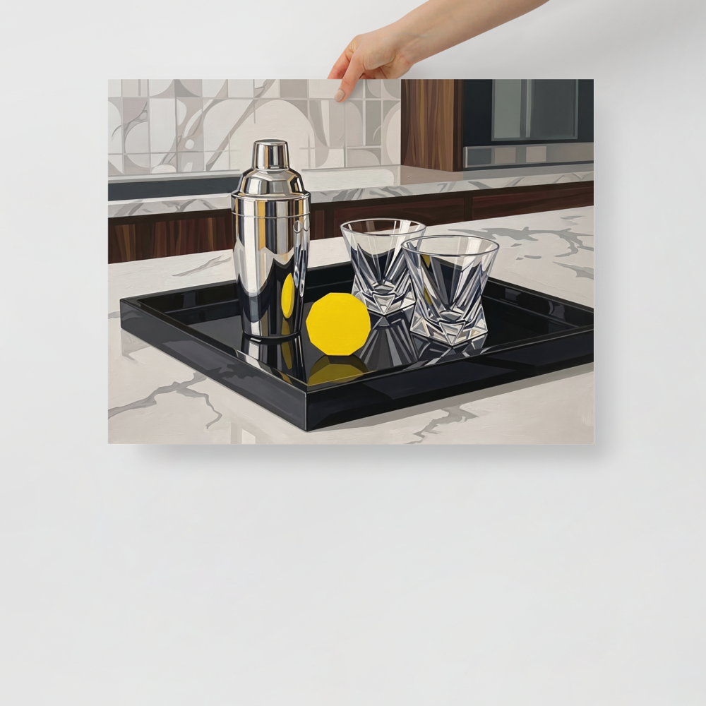 'The Evening Cocktail' — a Art Deco print. An Art Deco oil painting of a silver cocktail shaker, crystal glasses, and a geometric yellow lemon on a black tray, perfect for a home bar.