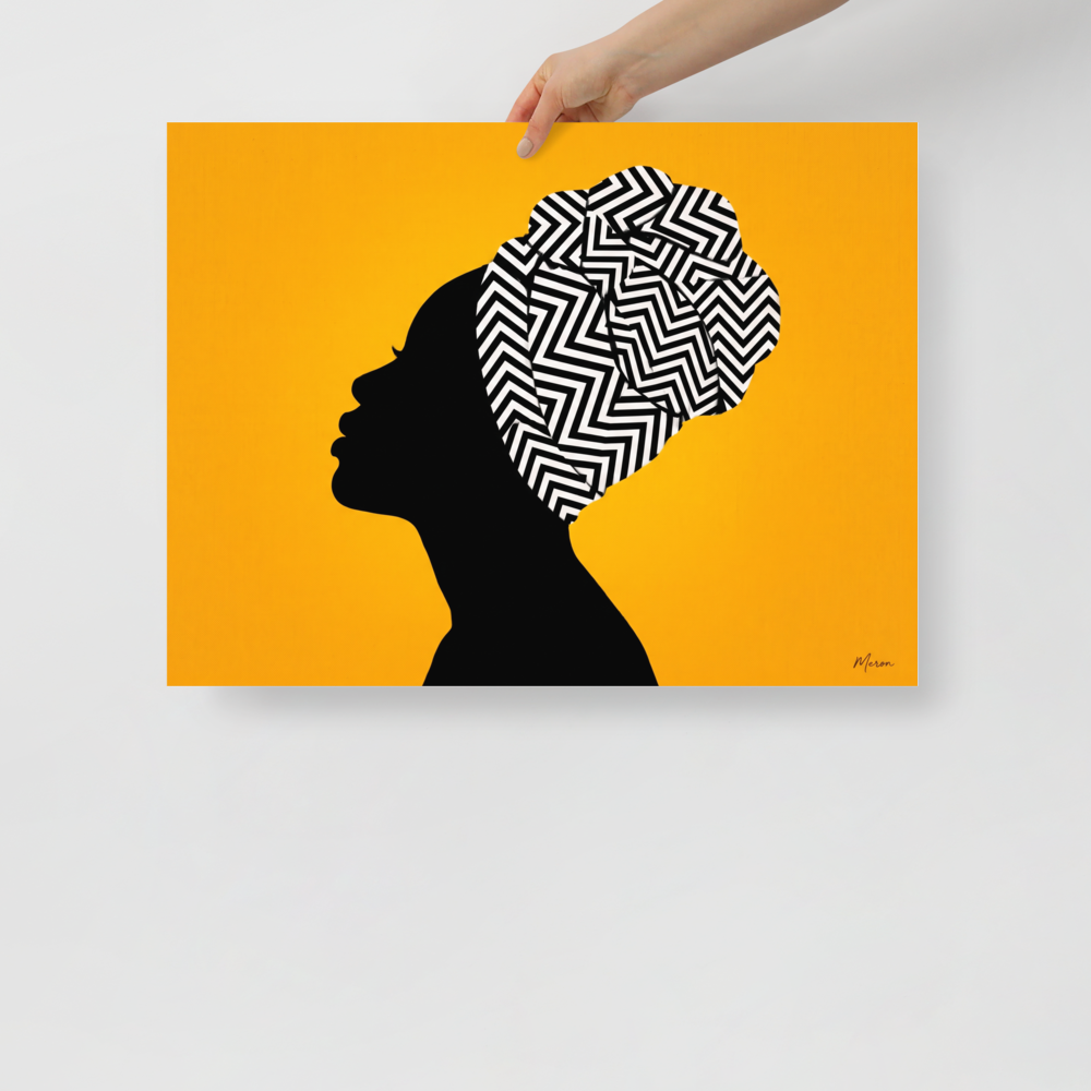 'Geometric Crown' — a Afrofuturism,Pop art print. A digital art portrait of a woman's profile silhouette wearing a graphic black and white geometric headwrap against a vibrant yellow background, adding a bold touch to a living room.