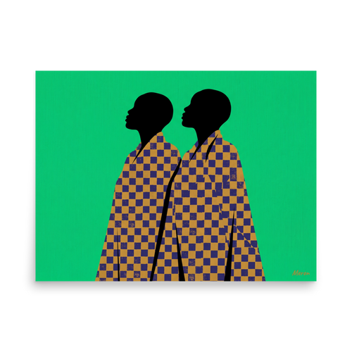 'Checkered Solidarity' — a Afrofuturism,Pop art print. A vibrant graphic art print featuring two African profile silhouettes draped in blue and gold checkered robes against an emerald green background, perfect for a living room or entryway.