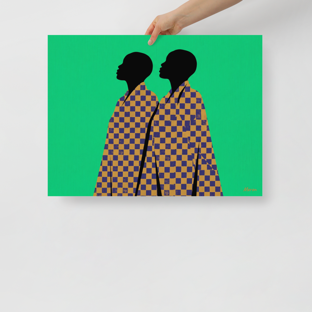 'Checkered Solidarity' — a Afrofuturism,Pop art print. A vibrant graphic art print featuring two African profile silhouettes draped in blue and gold checkered robes against an emerald green background, perfect for a living room or entryway.