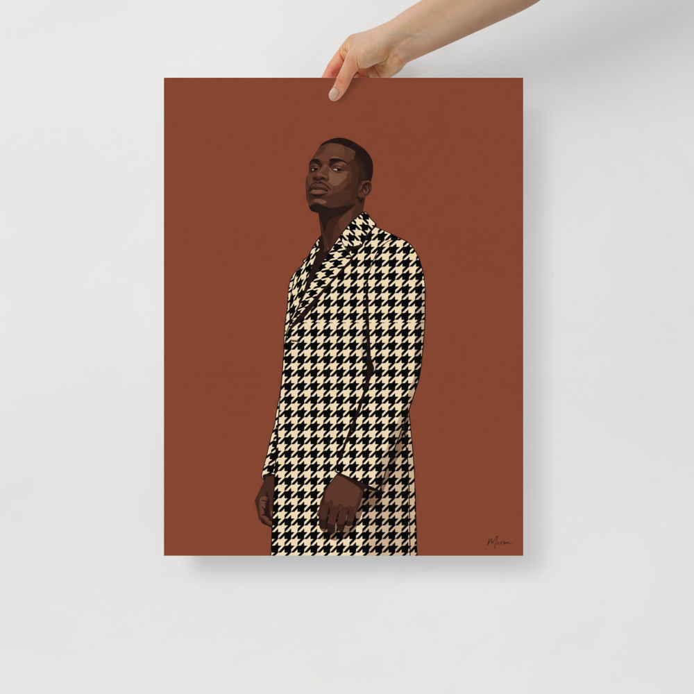 'Houndstooth Elegance' — a Figurative art,Realism print. A digital art fashion portrait of a stylish Black man wearing a black and cream houndstooth coat against a warm brown background, adding modern flair to an office or living room.