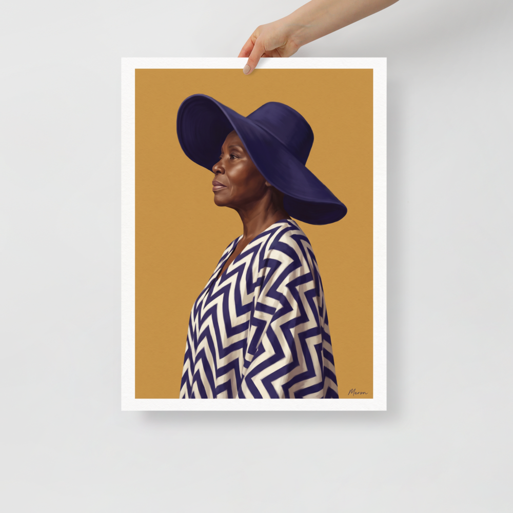'Grace in Indigo' — a Realism,Figurative art print. An oil painting portrait of an elder African woman wearing a wide indigo hat and chevron robe against a yellow background, ideal for a peaceful bedroom or living room.