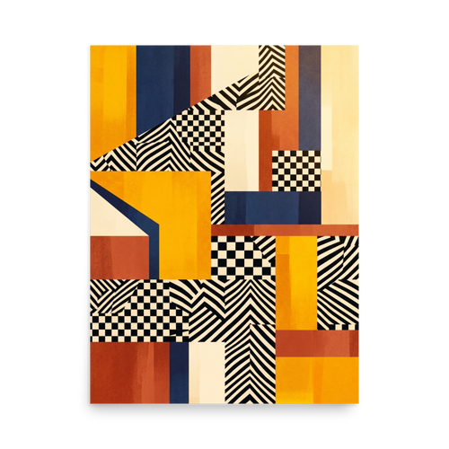 'Checkerboard Resonance' — a Geometric abstract art,Op Art print. Bold abstract geometric composition featuring yellow and navy blocks mixed with black and white checkerboard and wavy patterns, perfect for modern Living Room wall art.