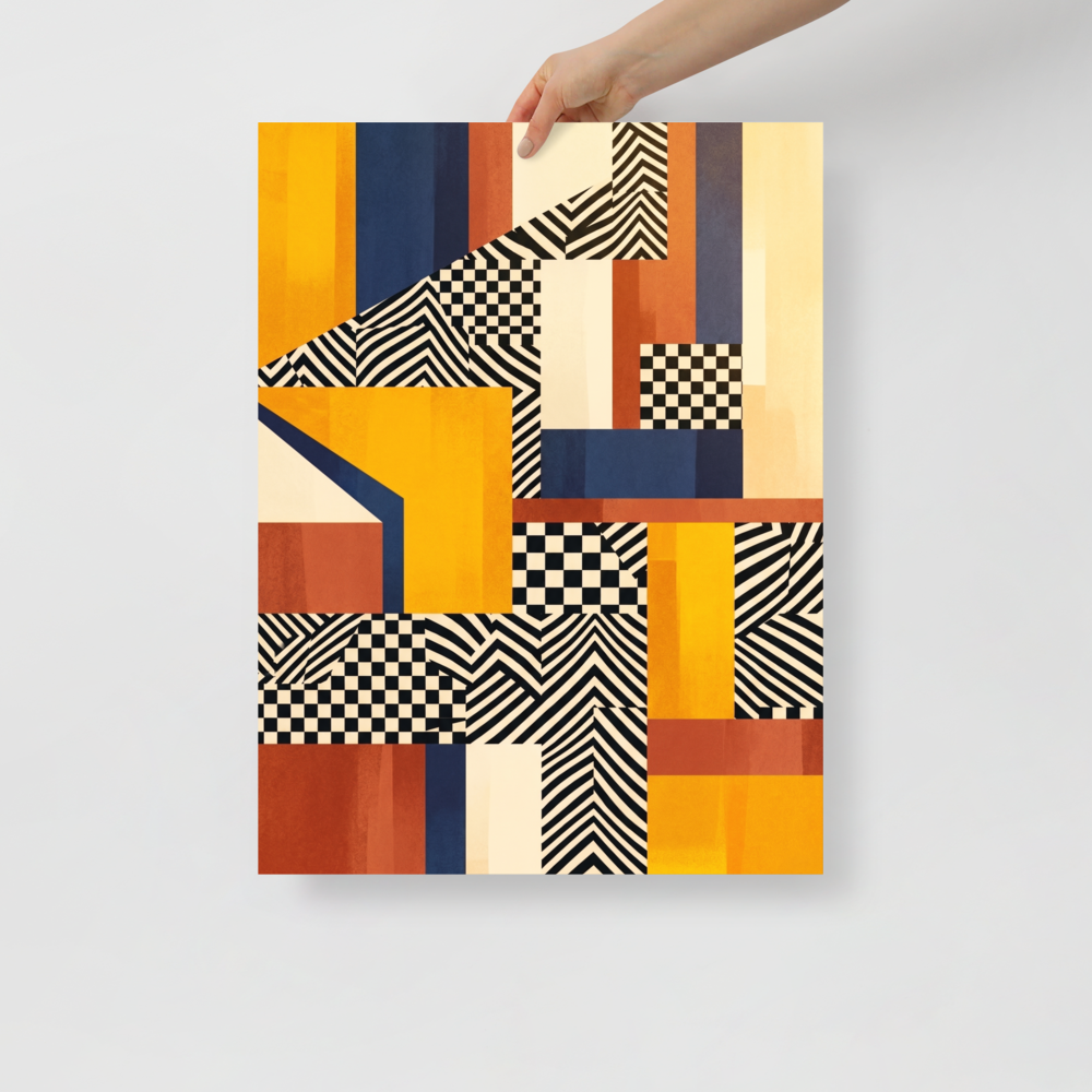 'Checkerboard Resonance' — a Geometric abstract art,Op Art print. Bold abstract geometric composition featuring yellow and navy blocks mixed with black and white checkerboard and wavy patterns, perfect for modern Living Room wall art.