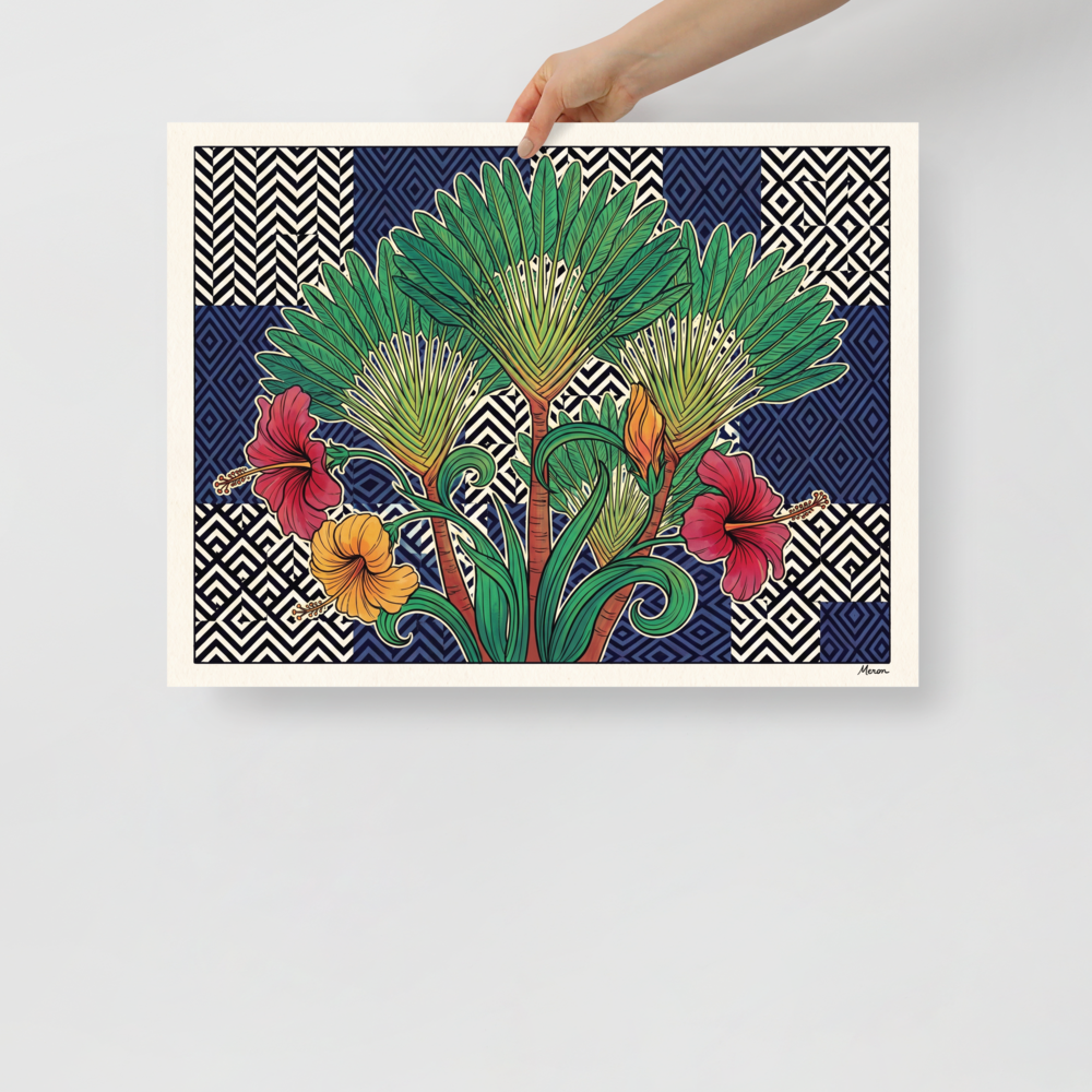 'Tropical Tessellation' — a Art Deco,Art Nouveau print. Lush illustration of traveler palms and red hibiscus flowers set against a geometric navy tile and black and white chevron background, ideal for Living Room wall decor.