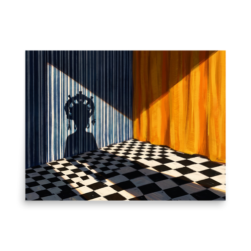 'Crowned Silhouette' — a Surrealism,Magic realism print. Mysterious shadow of a crowned figure cast on a blue striped wall in a room with a checkerboard floor and yellow drapes, ideal for Bedroom wall art.