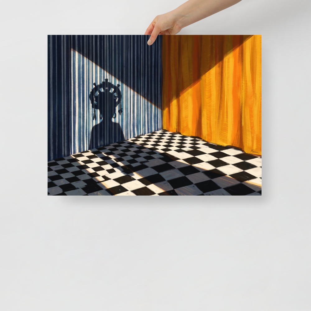 'Crowned Silhouette' — a Surrealism,Magic realism print. Mysterious shadow of a crowned figure cast on a blue striped wall in a room with a checkerboard floor and yellow drapes, ideal for Bedroom wall art.