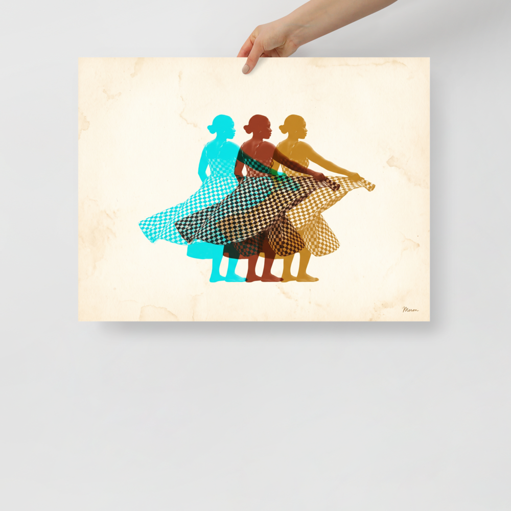 'Rhythm in Triplicate' — a Pop art,Figurative art print. Three overlapping figures of a dancing woman wearing a checkered dress in cyan, brown, and yellow against a cream background, perfect for Living Room wall decor.