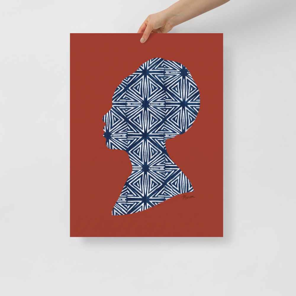 'Indigo Heritage' — a Figurative art,Minimalism print. Profile silhouette of a woman filled with a white and navy geometric indigo pattern against a rust red background, perfect for Bedroom wall decor.