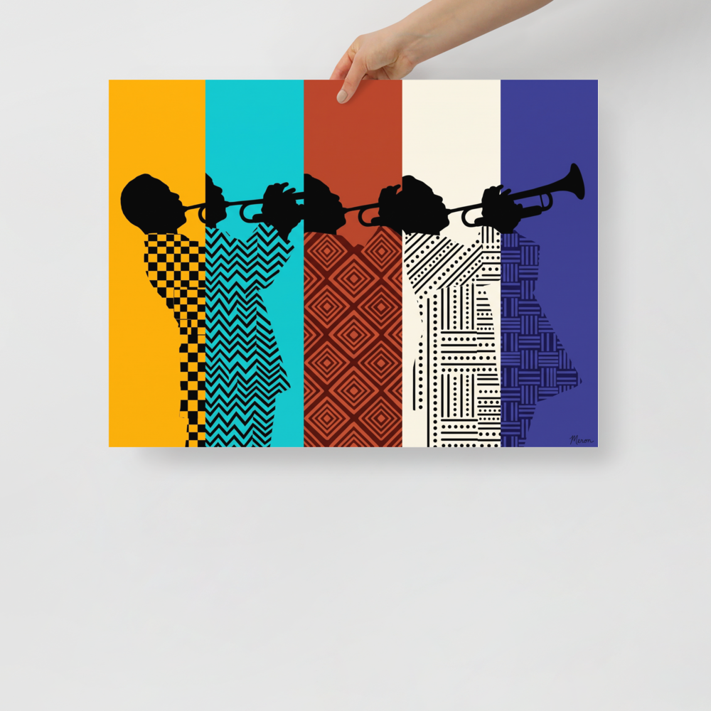 'Polyphonic Rhythm' — a Harlem Renaissance,Pop art print. Silhouette of a jazz trumpeter wearing patterned suits across five vertical stripes of yellow, cyan, brown, white, and navy, perfect for Living Room wall decor.