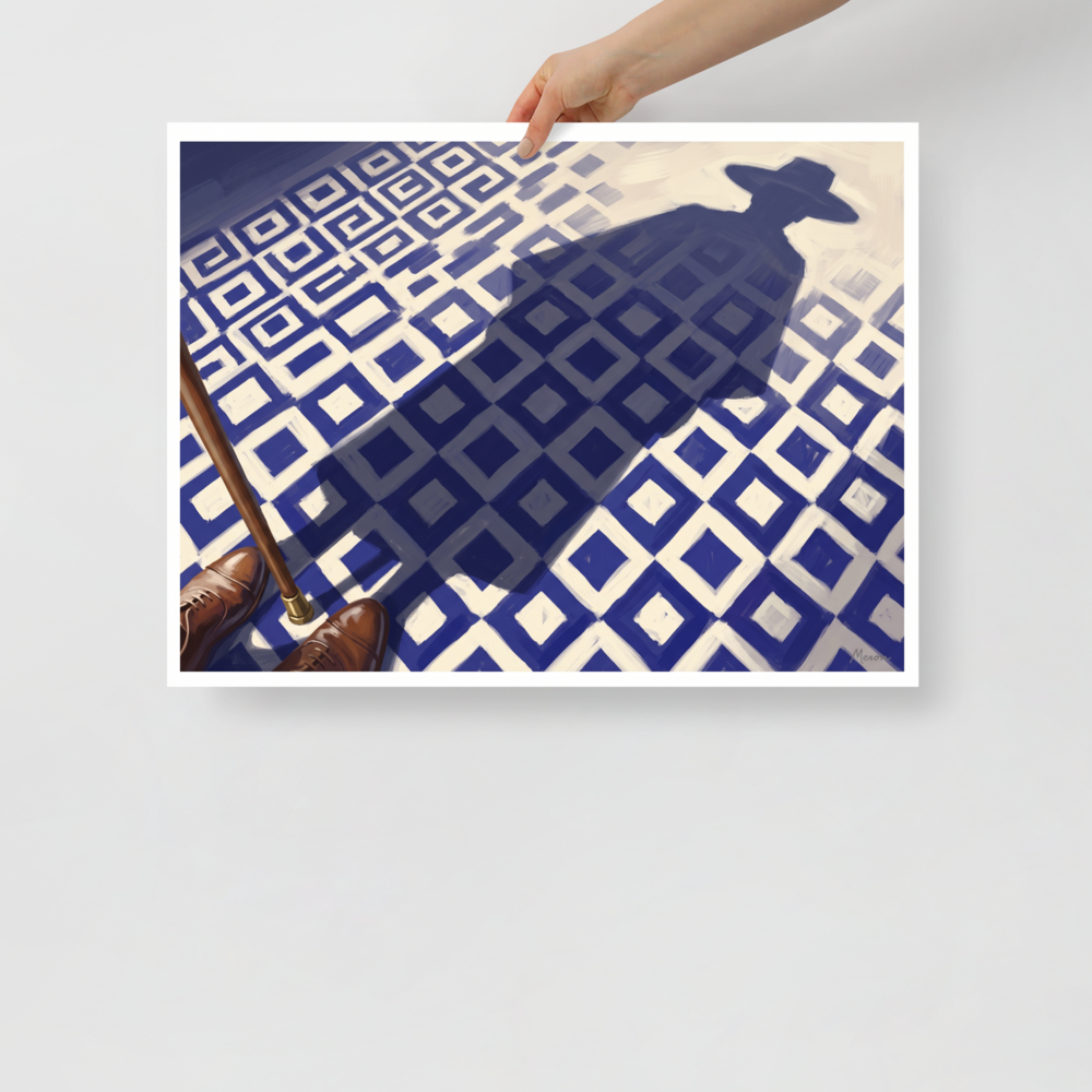 'Shadow of the Traveler' — a Realism,Magic realism print. First person perspective looking down at brown leather shoes and a walking cane on a blue and white tiled floor, casting a long shadow of a man in a hat, perfect for Office wall decor.