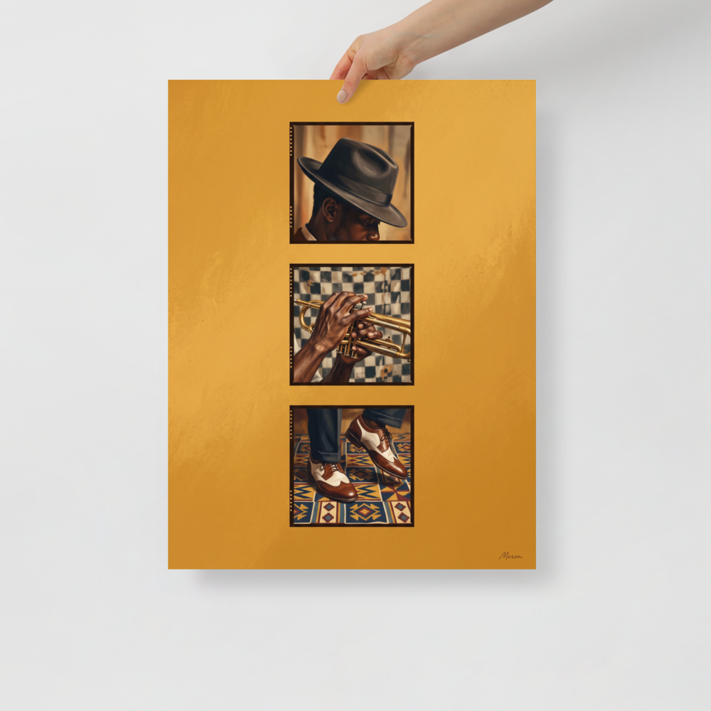 'Triptych in Brass' — a Harlem Renaissance,Realism print. Three vertical film frames showing a jazz musician in a fedora hat, hands playing a trumpet, and wingtip shoes on a geometric rug against a golden background, perfect for Home Bar wall decor.