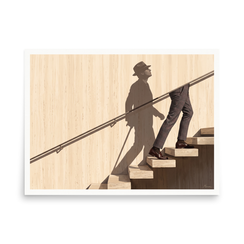 'Ascent of the Shadow' — a Surrealism,Realism print. Man in plaid trousers climbing marble stairs with his full silhouette in a fedora hat and cane cast as a shadow on a beige wall, perfect for Office wall decor.