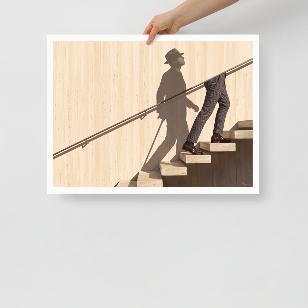 'Ascent of the Shadow' — a Surrealism,Realism print. Man in plaid trousers climbing marble stairs with his full silhouette in a fedora hat and cane cast as a shadow on a beige wall, perfect for Office wall decor.
