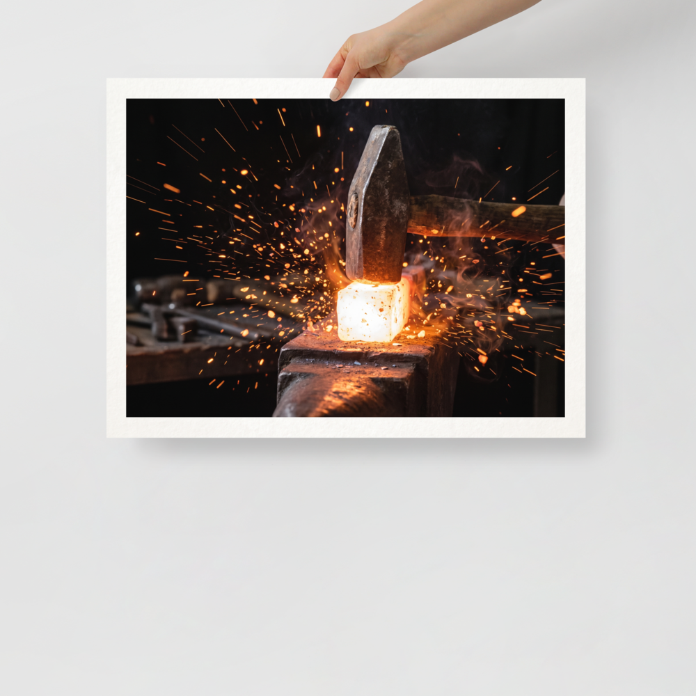 'Strike of the Anvil' — a Art photography print. Close-up photograph of a blacksmith hammer striking red-hot metal on an anvil with glowing sparks, dynamic art for a garage or office.