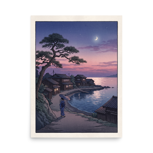 'Crescent Moon Bay' — a Shin hanga print. A woman holding an umbrella walks along a coastal village path beneath a crescent moon and twilight sky, making it a peaceful addition to a bedroom.