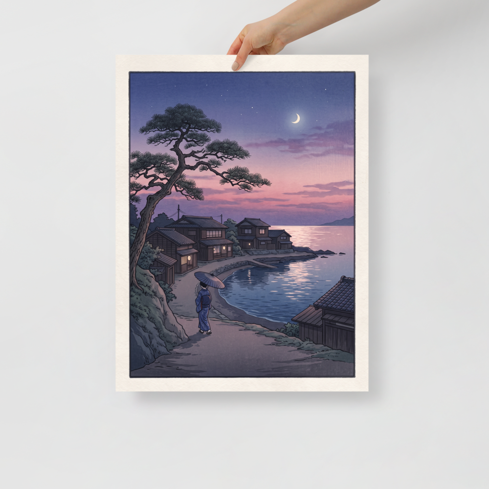 'Crescent Moon Bay' — a Shin hanga print. A woman holding an umbrella walks along a coastal village path beneath a crescent moon and twilight sky, making it a peaceful addition to a bedroom.