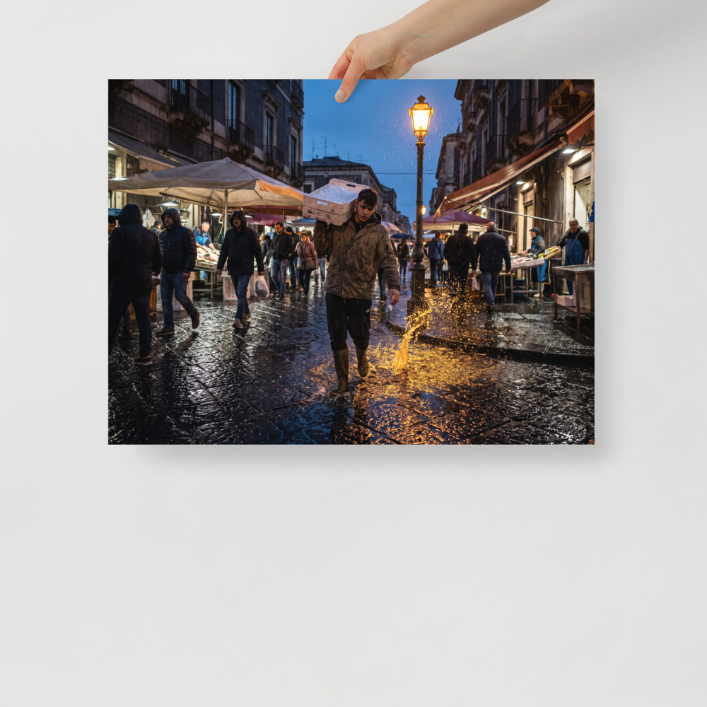 'Market Rain at Dusk' — a Art photography print. Market worker carrying a fish crate splashing through rainy wet cobblestones under a glowing streetlamp at dusk, atmospheric street photography.