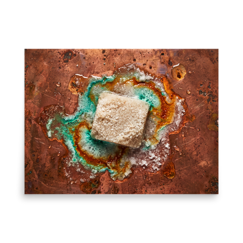 'Alchemy of Verdigris' — a Art photography print. A macro photographic study of a crystalline salt block reacting on weathered copper with vibrant turquoise patina, perfect for a kitchen or living room.