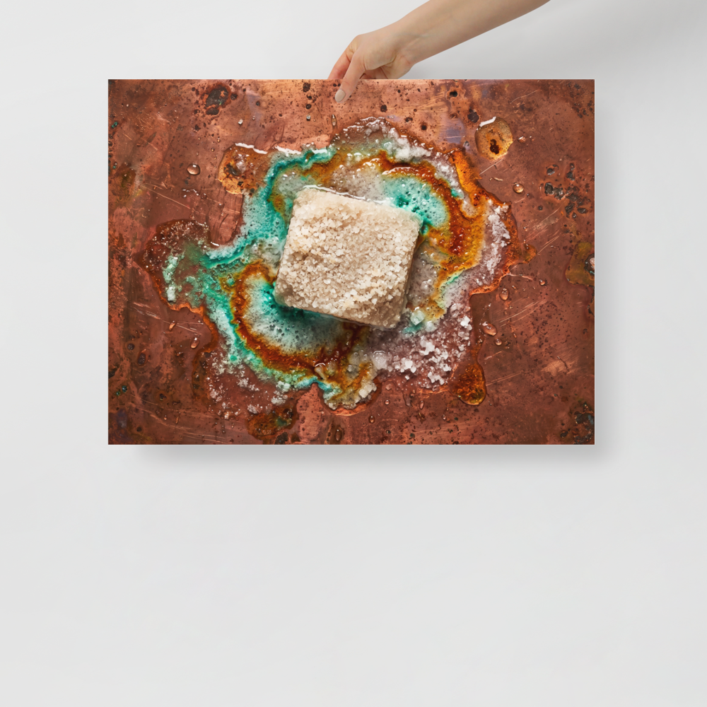 'Alchemy of Verdigris' — a Art photography print. A macro photographic study of a crystalline salt block reacting on weathered copper with vibrant turquoise patina, perfect for a kitchen or living room.