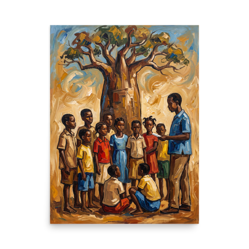 'Baobab Lessons' — a Expressionism,Figurative art print. An expressive oil painting of a teacher and children gathered under a large baobab tree, making inspiring living room or school classroom wall art.