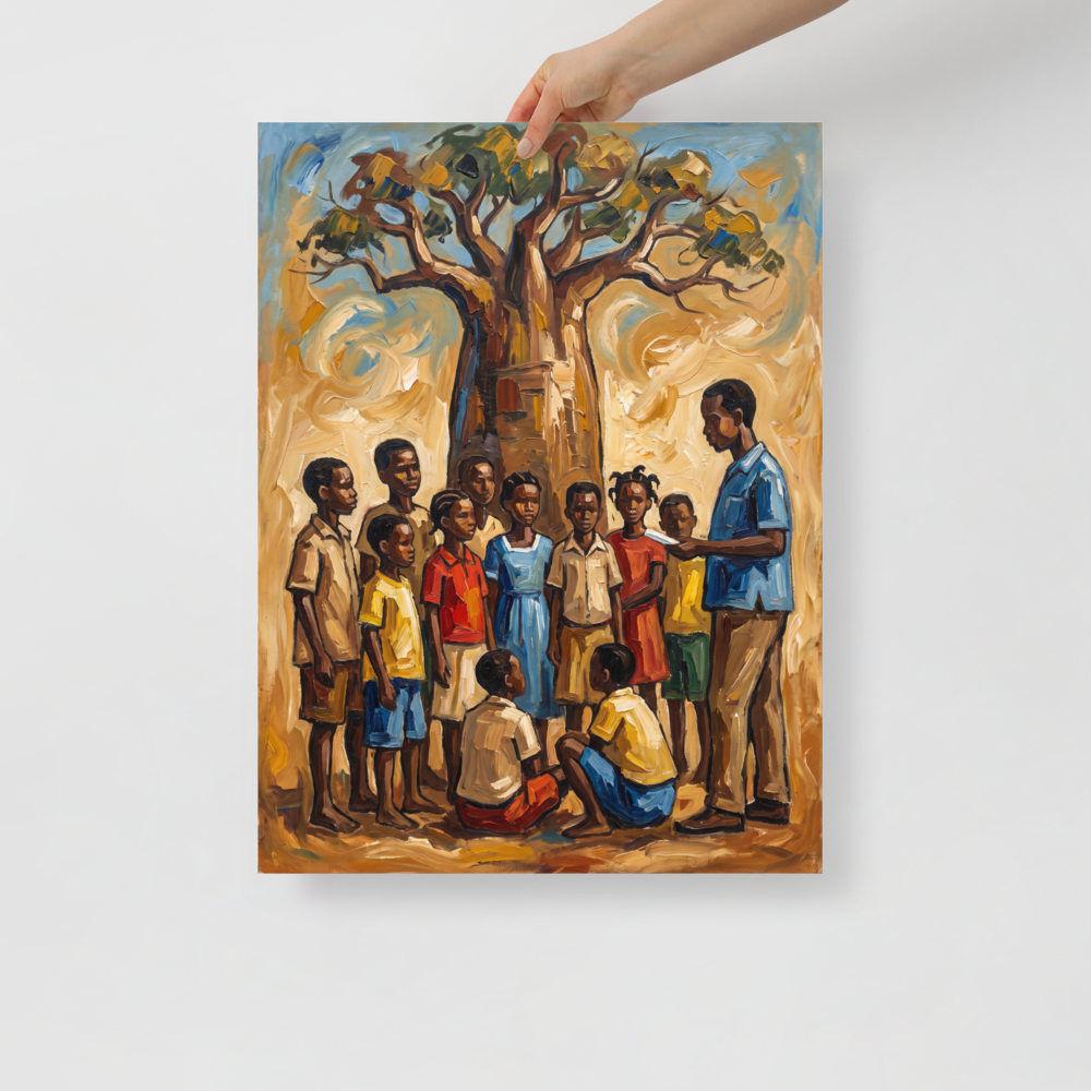 'Baobab Lessons' — a Expressionism,Figurative art print. An expressive oil painting of a teacher and children gathered under a large baobab tree, making inspiring living room or school classroom wall art.